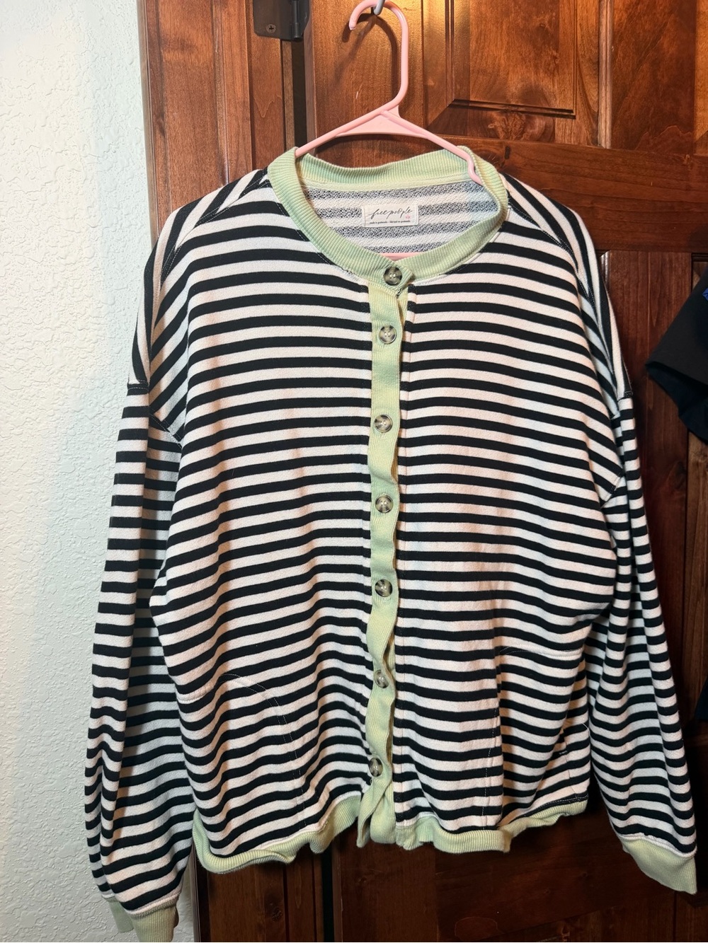 Free People Black & White Striped Button-Up Cardigan with Light Green Trim